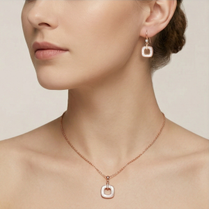 AGOR LUXE 925 Sterling Silver Rose Gold Plated Geometric Open Square Pendant and Drop Earrings Jewellery Set for Women