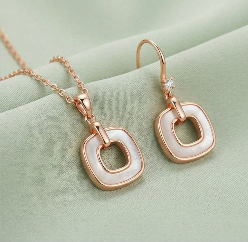 LUXE 925 Sterling Silver Rose Gold Plated Geometric Open Square Pendant and Drop Earrings Jewellery Set for Women