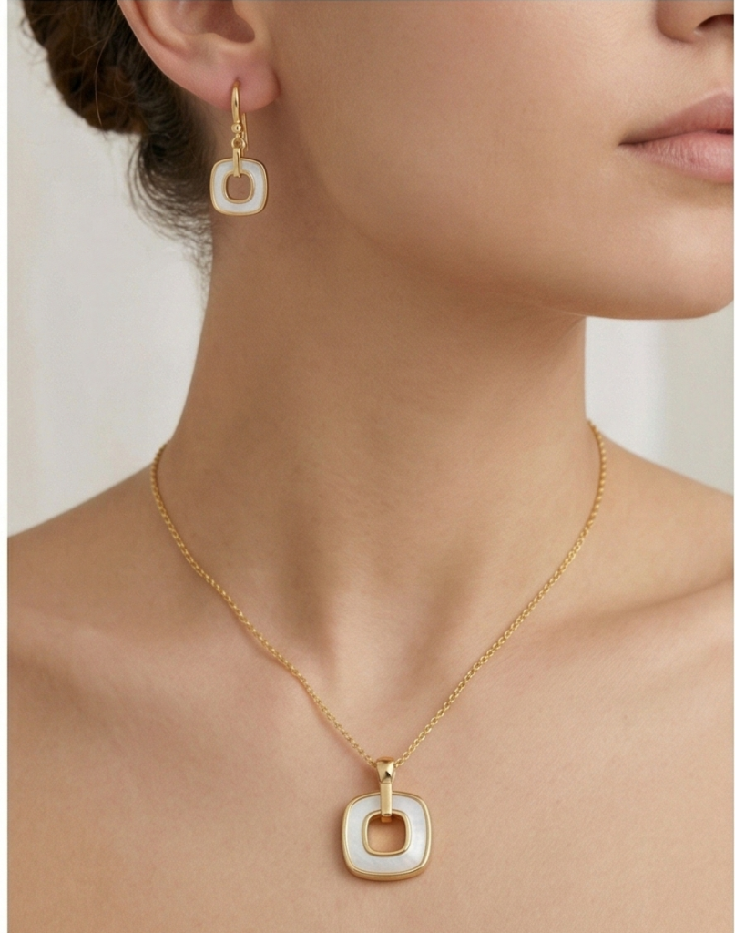 AGOR LUXE 925 Sterling Silver Yellow Gold Plated Geometric Open Square MOP Inlay Pendant and Drop Earrings Jewellery Set