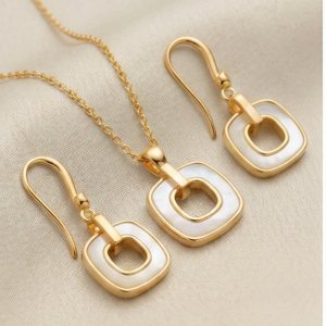 LUXE 925 Sterling Silver Yellow Gold Plated Geometric Open Square MOP Inlay Pendant and Drop Earrings Jewellery Set