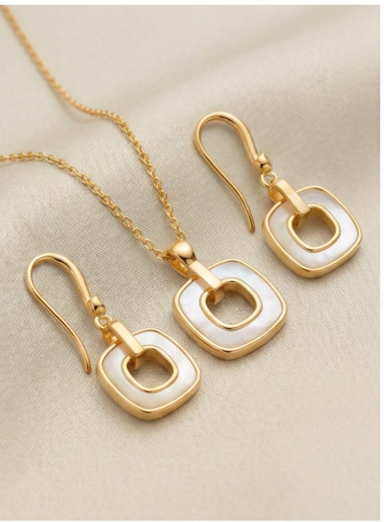 AGOR LUXE 925 Sterling Silver Yellow Gold Plated Geometric Open Square MOP Inlay Pendant and Drop Earrings Jewellery Set