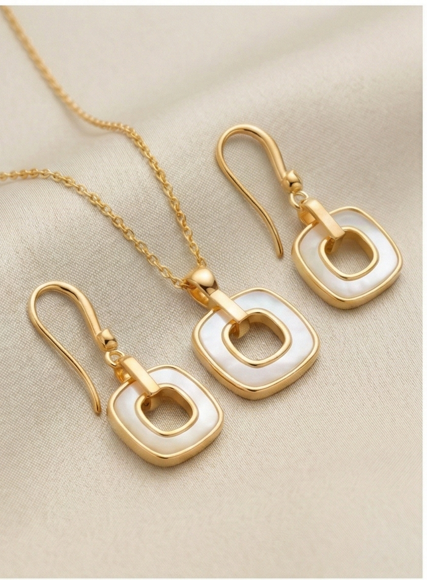 LUXE 925 Sterling Silver Yellow Gold Plated Geometric Open Square MOP Inlay Pendant and Drop Earrings Jewellery Set
