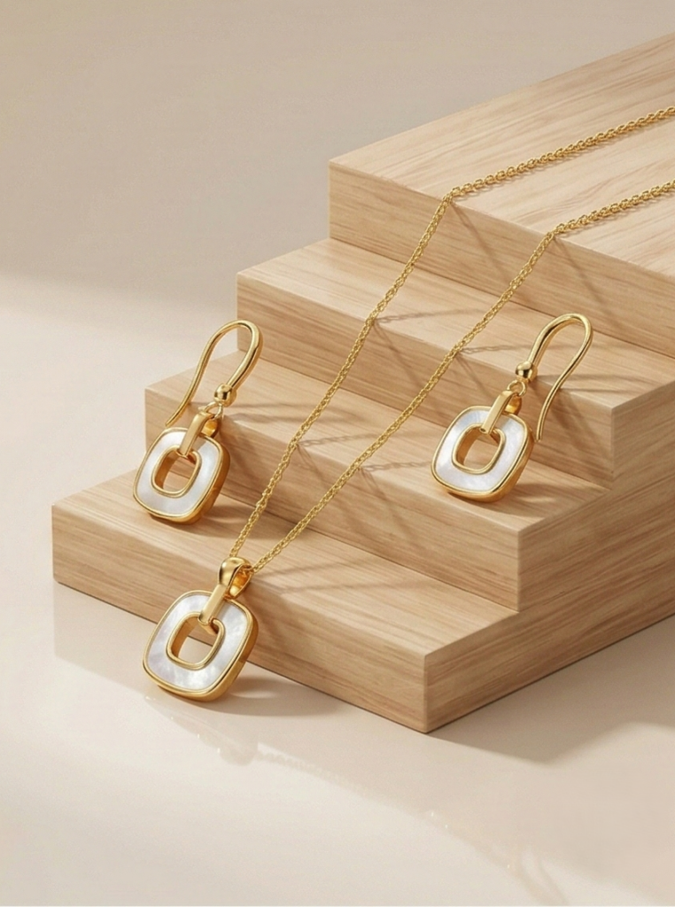 AGOR LUXE 925 Sterling Silver Yellow Gold Plated Geometric Open Square MOP Inlay Pendant and Drop Earrings Jewellery Set