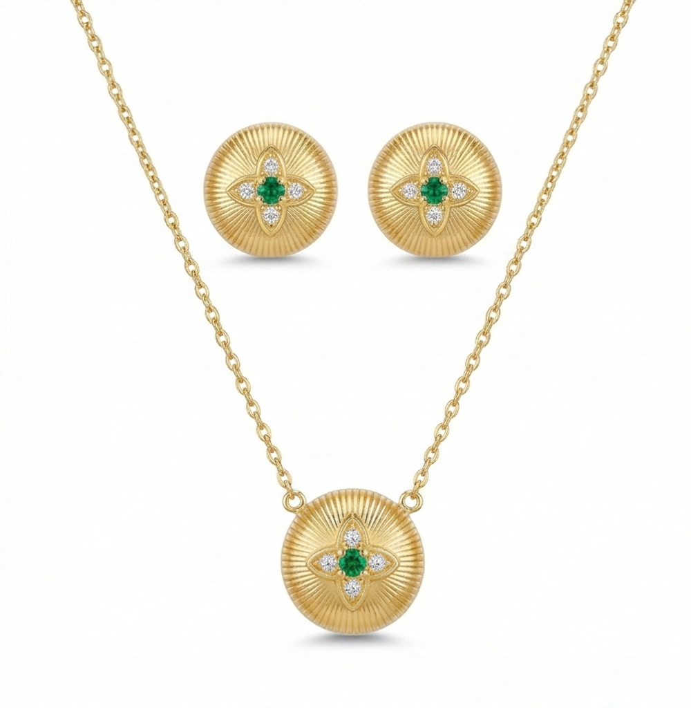 AGOR LUXE 925 Sterling Silver Yellow Gold Plated Ribbed Floral Pendant Necklace and Stud Earrings Jewellery Set for Women