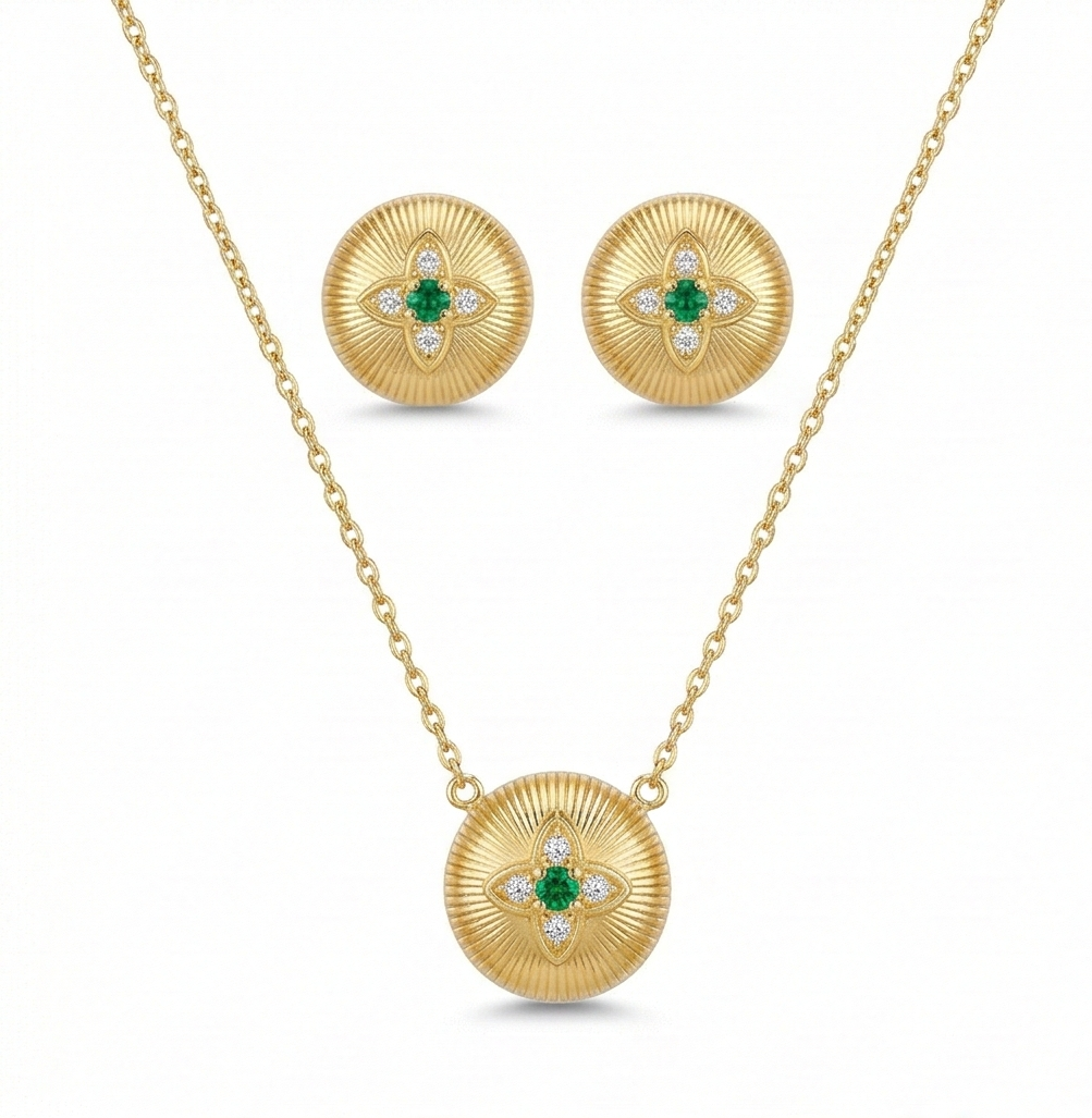 LUXE 925 Sterling Silver Yellow Gold Plated Ribbed Floral Pendant Necklace and Stud Earrings Jewellery Set for Women