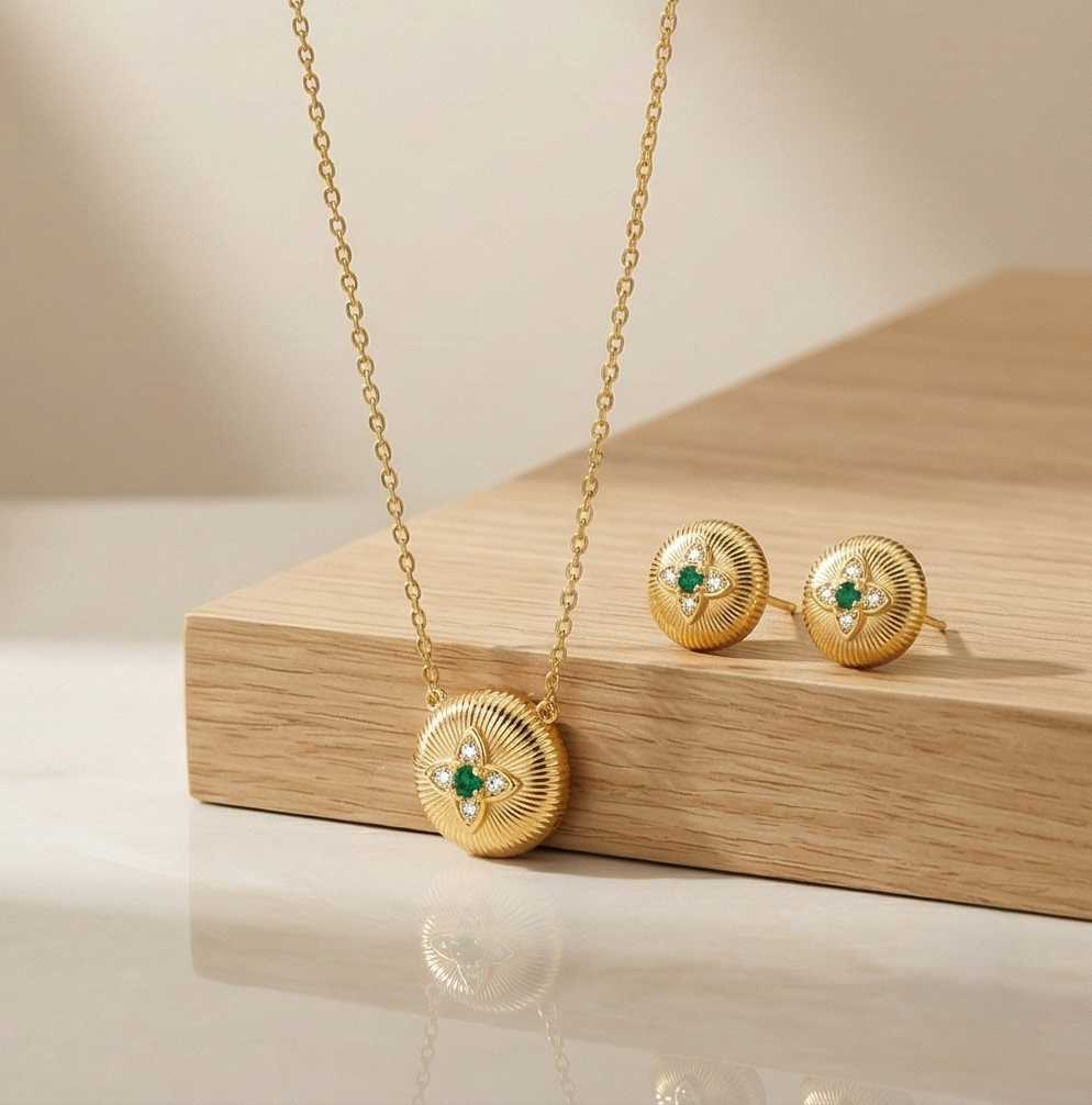 LUXE 925 Sterling Silver Yellow Gold Plated Ribbed Floral Pendant Necklace and Stud Earrings Jewellery Set for Women