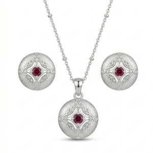 AGOR LUXE 925 Sterling Silver Vintage Round Filigree Pendant Necklace and Stud Earrings Jewellery Set for Women