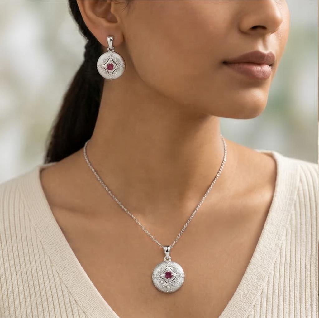 AGOR LUXE 925 Sterling Silver Vintage Round Filigree Pendant Necklace and Stud Earrings Jewellery Set for Women