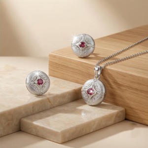 AGOR LUXE 925 Sterling Silver Vintage Round Filigree Pendant Necklace and Stud Earrings Jewellery Set for Women
