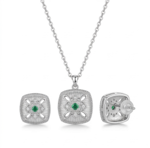 AGOR LUXE 925 Sterling Silver Cushion Cut Ribbed Floral Pendant Necklace and Stud Earrings Jewellery Set for Women