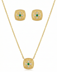 AGOR LUXE 925 Sterling Silver Textured Cushion Pendant Necklace and Earrings Set Yellow Gold Finish Vintage Jewellery