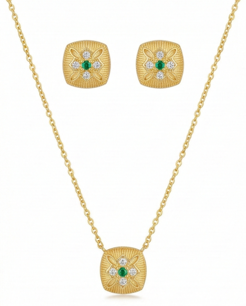 AGOR LUXE 925 Sterling Silver Textured Cushion Pendant Necklace and Earrings Set Yellow Gold Finish Vintage Jewellery