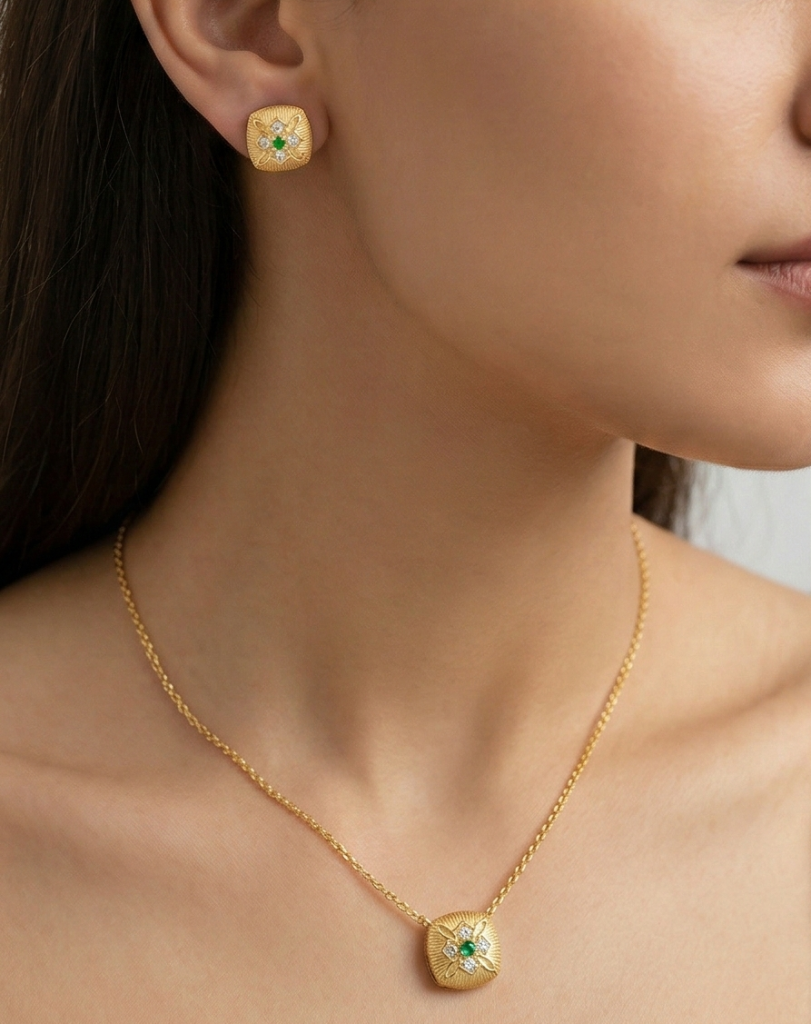 AGOR LUXE 925 Sterling Silver Textured Cushion Pendant Necklace and Earrings Set Yellow Gold Finish Vintage Jewellery