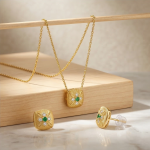 AGOR LUXE 925 Sterling Silver Textured Cushion Pendant Necklace and Earrings Set Yellow Gold Finish Vintage Jewellery