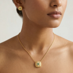 AGOR LUXE 925 Sterling Silver Textured Cushion Pendant Necklace and Earrings Set Yellow Gold Finish Vintage Jewellery