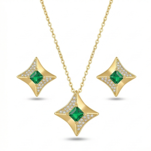 AGOR LUXE 925 Sterling Silver Four-Point Star Pendant Necklace and Earrings Set Yellow Gold Finish Statement Jewellery