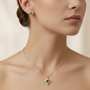 AGOR LUXE 925 Sterling Silver Four-Point Star Pendant Necklace and Earrings Set Yellow Gold Finish Statement Jewellery