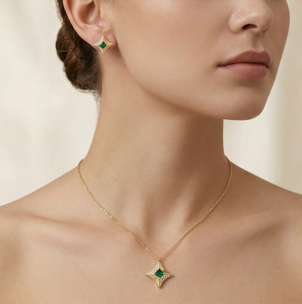 LUXE 925 Sterling Silver Four-Point Star Pendant Necklace and Earrings Set Yellow Gold Finish Statement Jewellery