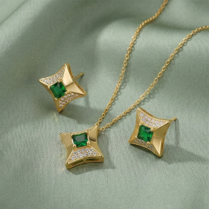 AGOR LUXE 925 Sterling Silver Four-Point Star Pendant Necklace and Earrings Set Yellow Gold Finish Statement Jewellery