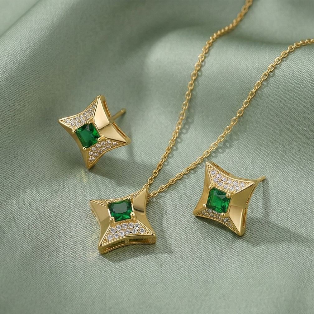LUXE 925 Sterling Silver Four-Point Star Pendant Necklace and Earrings Set Yellow Gold Finish Statement Jewellery