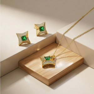 AGOR LUXE 925 Sterling Silver Four-Point Star Pendant Necklace and Earrings Set Yellow Gold Finish Statement Jewellery