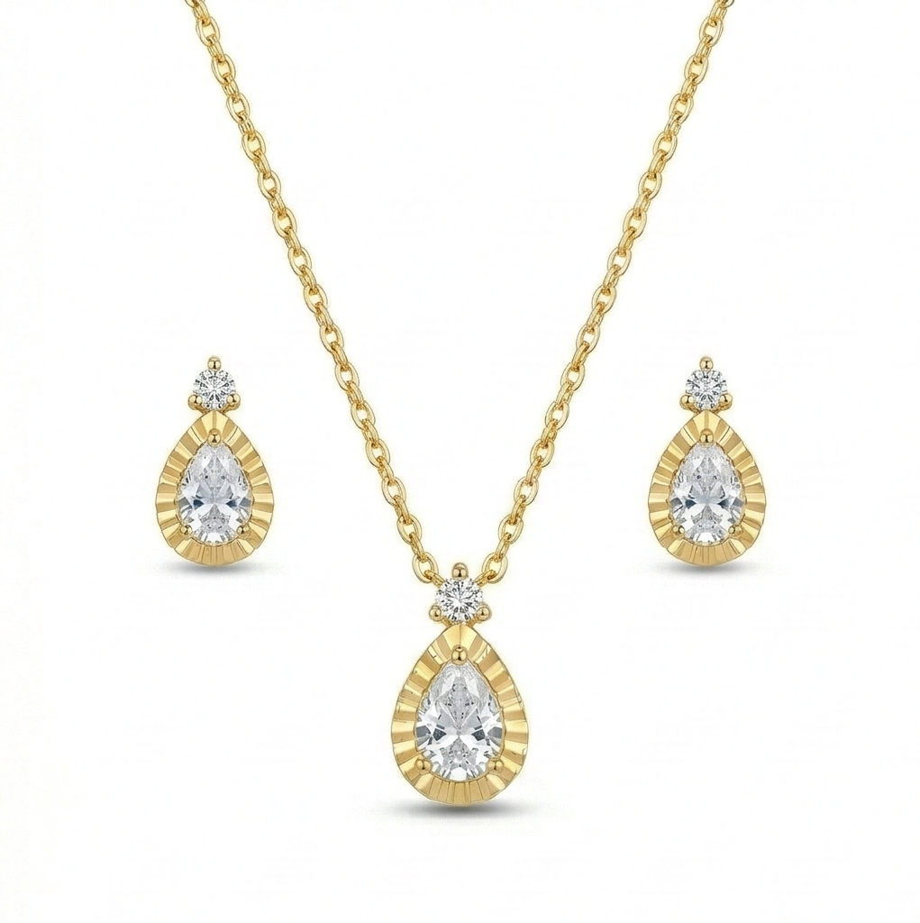 LUXE 925 Sterling Silver Teardrop Necklace and Earrings Set with Yellow Gold Finish LUXE Jewellery