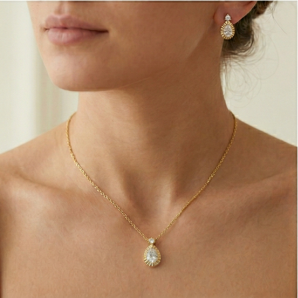 LUXE 925 Sterling Silver Teardrop Necklace and Earrings Set with Yellow Gold Finish LUXE Jewellery