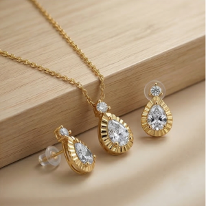 LUXE 925 Sterling Silver Teardrop Necklace and Earrings Set with Yellow Gold Finish LUXE Jewellery