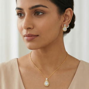 AGOR LUXE 925 Sterling Silver Teardrop Necklace and Earrings Set with Yellow Gold Finish LUXE Jewellery