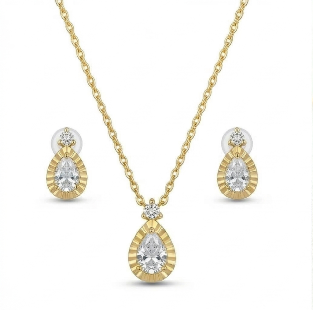 AGOR LUXE 925 Sterling Silver Teardrop Necklace and Earrings Set with Yellow Gold Finish LUXE Jewellery