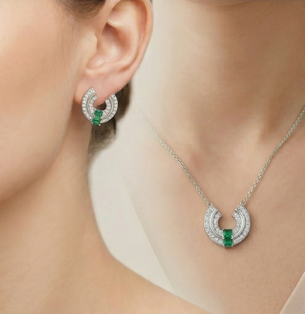 LUXE 925 Sterling Silver U-Shaped Geometric Necklace and Earrings Set in High Polish Finish Fine Jewellery