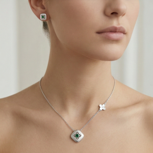 LUXE 925 Sterling Silver Cushion Floral Pendant Necklace and Stud Earrings Set Matte Finish Fine Jewellery
