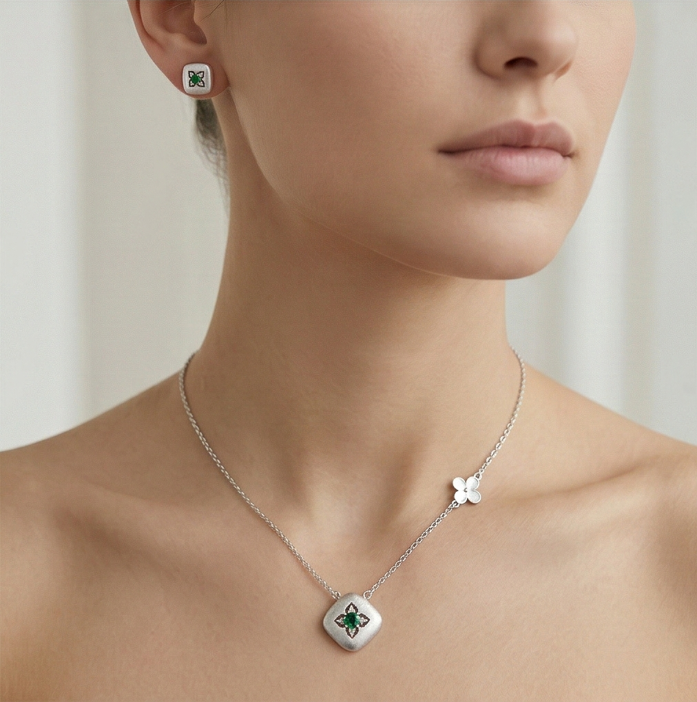 LUXE 925 Sterling Silver Cushion Floral Pendant Necklace and Stud Earrings Set Matte Finish Fine Jewellery