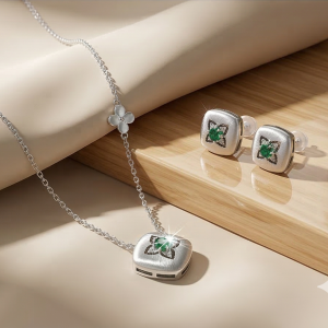 LUXE 925 Sterling Silver Cushion Floral Pendant Necklace and Stud Earrings Set Matte Finish Fine Jewellery