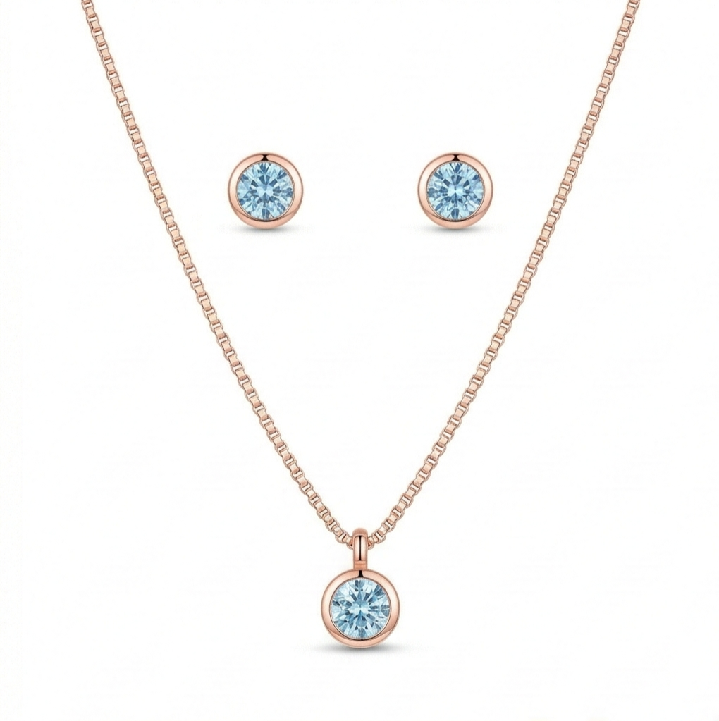 LUXE 925 Sterling Silver Bezel Set Round Pendant Necklace and Earrings Set Rose Gold Finish Everyday Jewellery