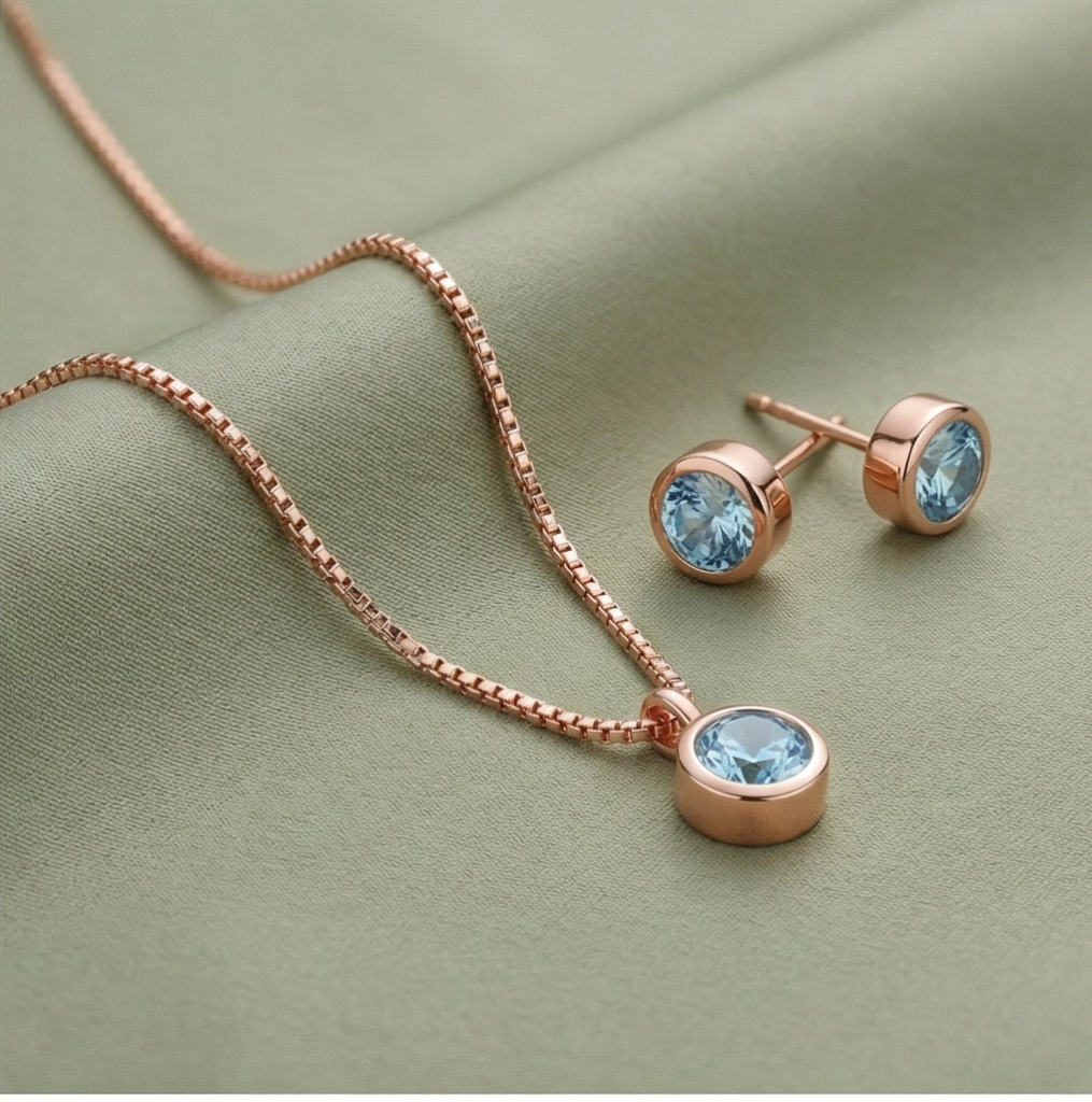 AGOR LUXE 925 Sterling Silver Bezel Set Round Pendant Necklace and Earrings Set Rose Gold Finish Everyday Jewellery