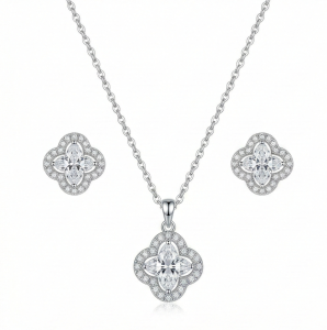 AGOR LUXE 925 Sterling Silver Quatrefoil Halo Pendant Necklace and Earrings Set High Polish Finish Fine Jewellery