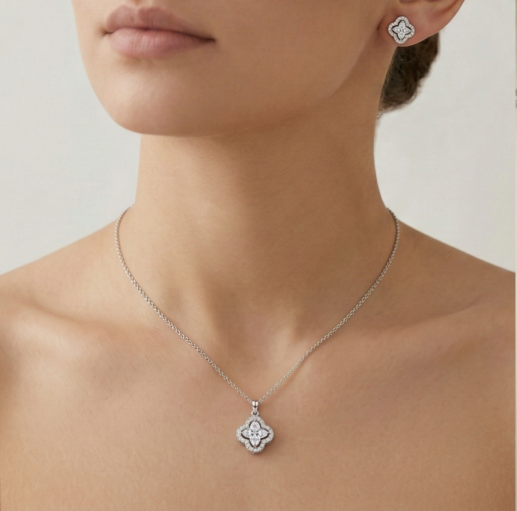 AGOR LUXE 925 Sterling Silver Quatrefoil Halo Pendant Necklace and Earrings Set High Polish Finish Fine Jewellery