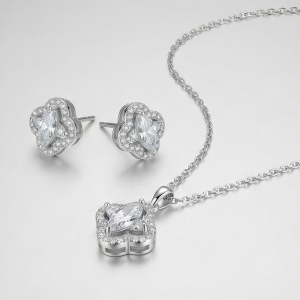LUXE 925 Sterling Silver Quatrefoil Halo Pendant Necklace and Earrings Set High Polish Finish Fine Jewellery