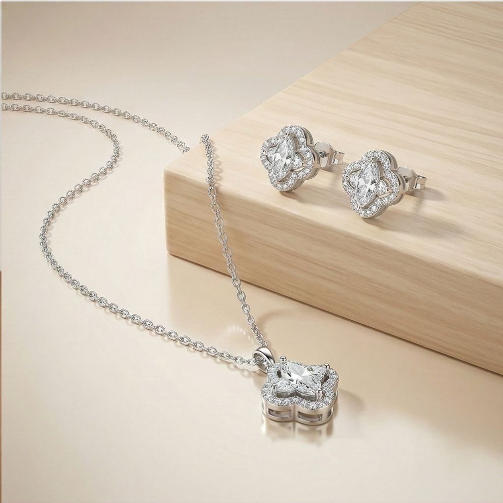 AGOR LUXE 925 Sterling Silver Quatrefoil Halo Pendant Necklace and Earrings Set High Polish Finish Fine Jewellery