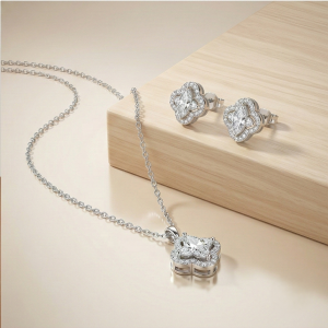 AGOR LUXE 925 Sterling Silver Quatrefoil Halo Pendant Necklace and Earrings Set High Polish Finish Fine Jewellery