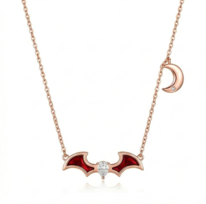AGOR LUXE 925 Sterling Silver Red Enamel Bat Wing and Moon Pendant Necklace Rose Gold Finish Themed Jewellery