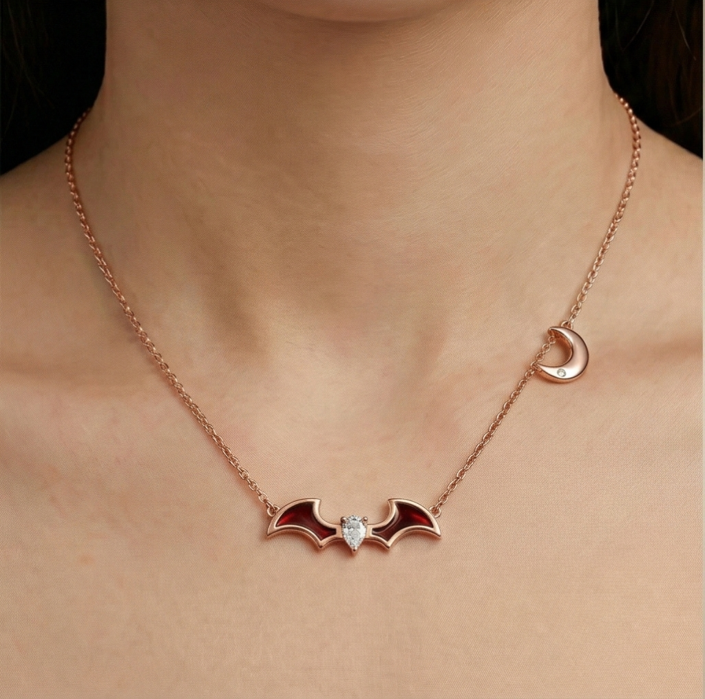 AGOR LUXE 925 Sterling Silver Red Enamel Bat Wing and Moon Pendant Necklace Rose Gold Finish Themed Jewellery
