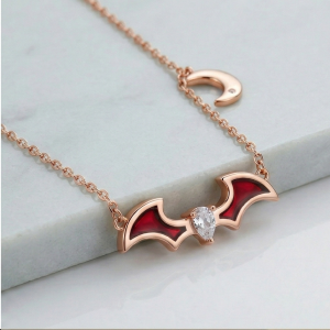 AGOR LUXE 925 Sterling Silver Red Enamel Bat Wing and Moon Pendant Necklace Rose Gold Finish Themed Jewellery