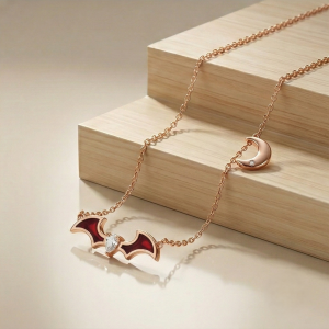 AGOR LUXE 925 Sterling Silver Red Enamel Bat Wing and Moon Pendant Necklace Rose Gold Finish Themed Jewellery