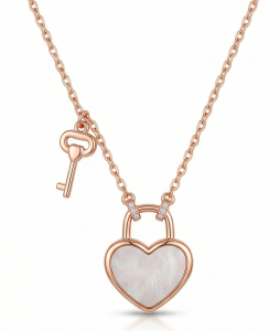 AGOR LUXE 925 Sterling Silver Rose Gold Plated Heart Lock and Key Pendant Necklace Jewellery