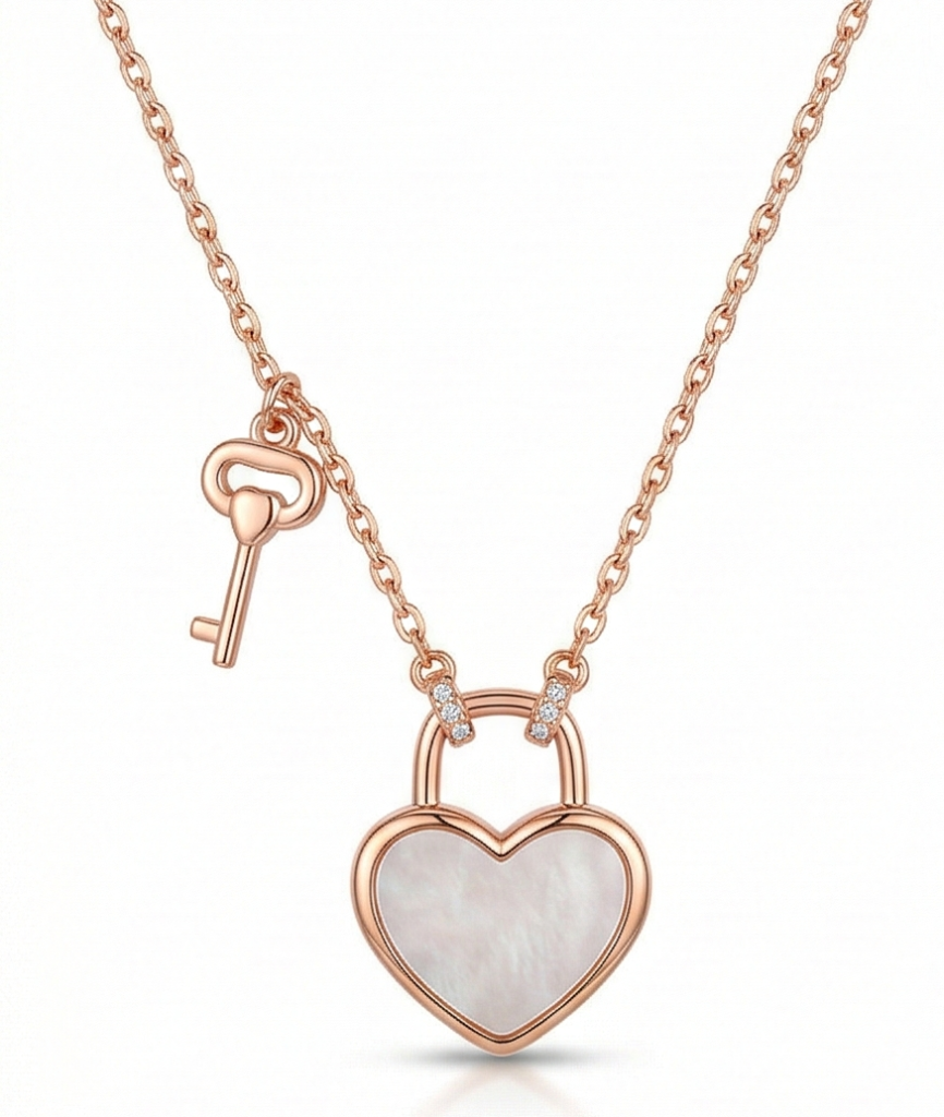 AGOR LUXE 925 Sterling Silver Rose Gold Plated Heart Lock and Key Pendant Necklace Jewellery
