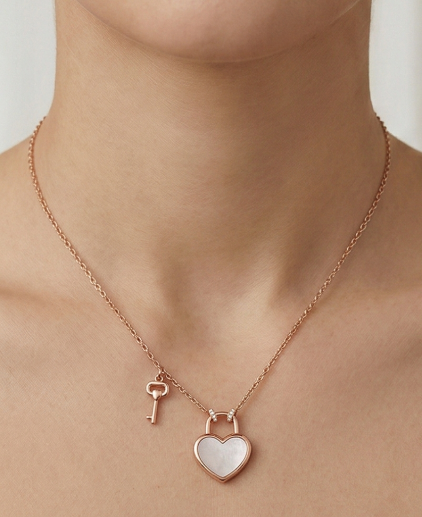 AGOR LUXE 925 Sterling Silver Rose Gold Plated Heart Lock and Key Pendant Necklace Jewellery