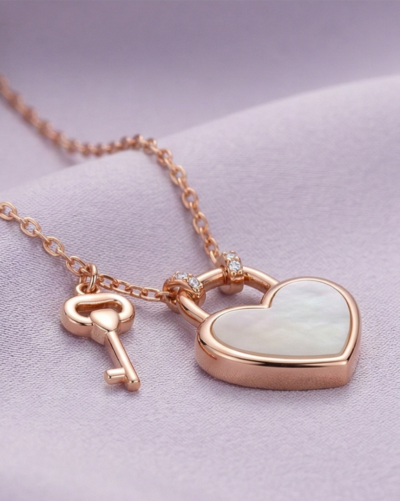 AGOR LUXE 925 Sterling Silver Rose Gold Plated Heart Lock and Key Pendant Necklace Jewellery