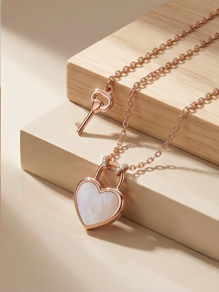 AGOR LUXE 925 Sterling Silver Rose Gold Plated Heart Lock and Key Pendant Necklace Jewellery